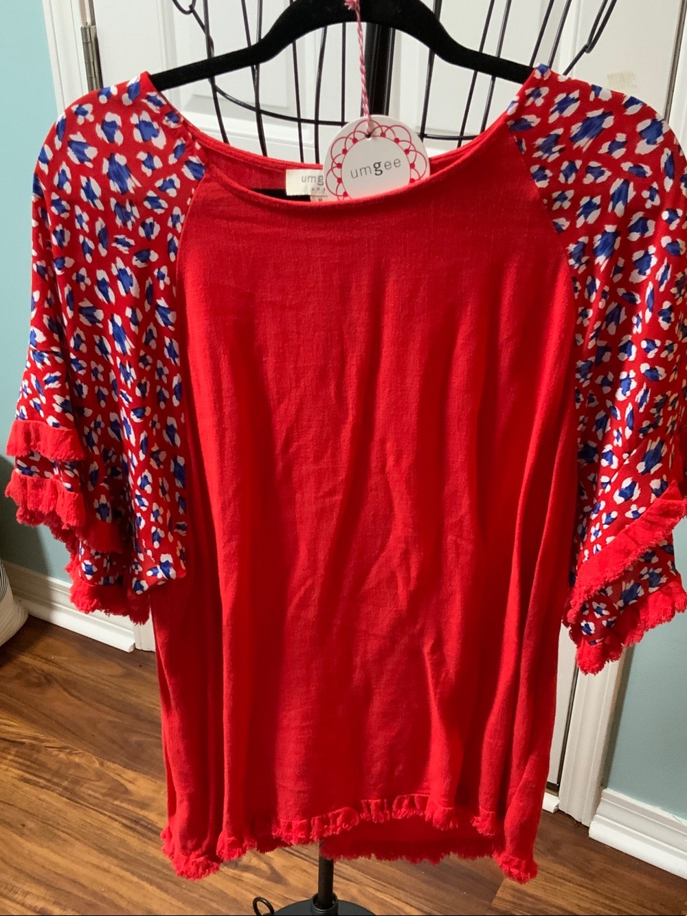 Umgee Bright Red Tunic with Patterned Blue-White Sleeve Accents